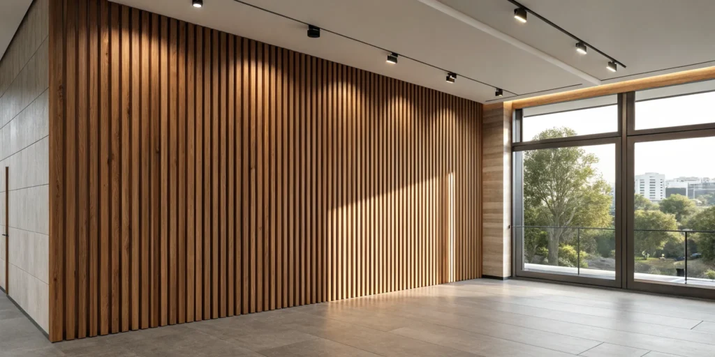 A modern interior with a floor-to-ceiling wood slat wall and large windows.