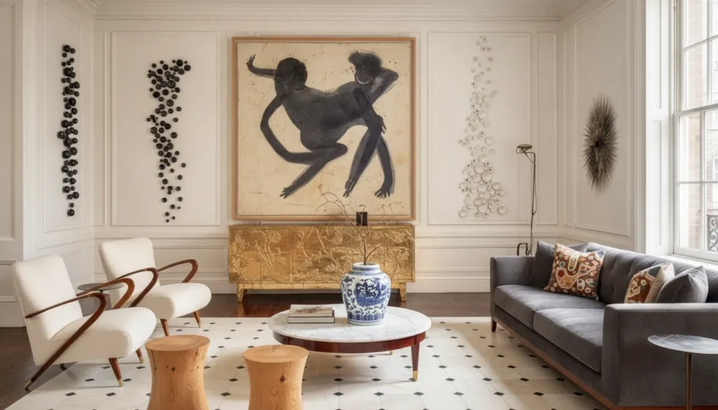 Elegant Brooklyn living room designed around a museum-quality abstract painting