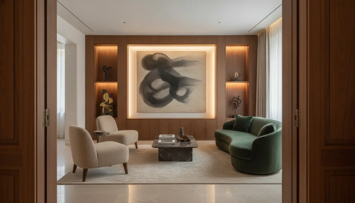 Art gallery home interior design with a curated painting and sculptural object in a living room