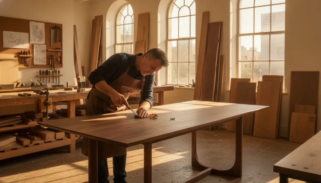 Artisan woodworker shaping a bespoke walnut table in a sunlit New York workshop