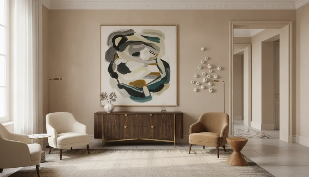 Luxurious neutral living room centered on a large contemporary abstract painting with sculptural furniture