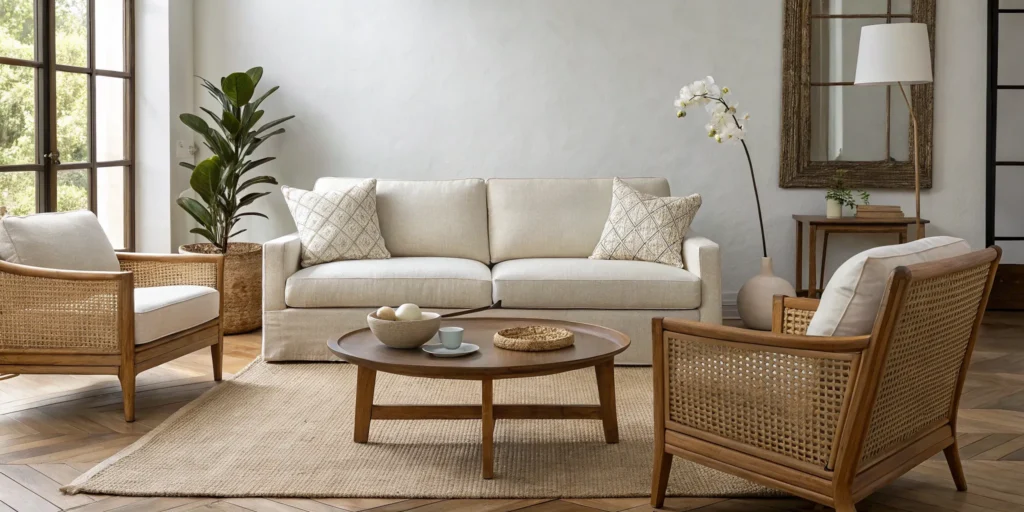 Feng shui interior design in a living room with natural elements and light to create a balanced space.