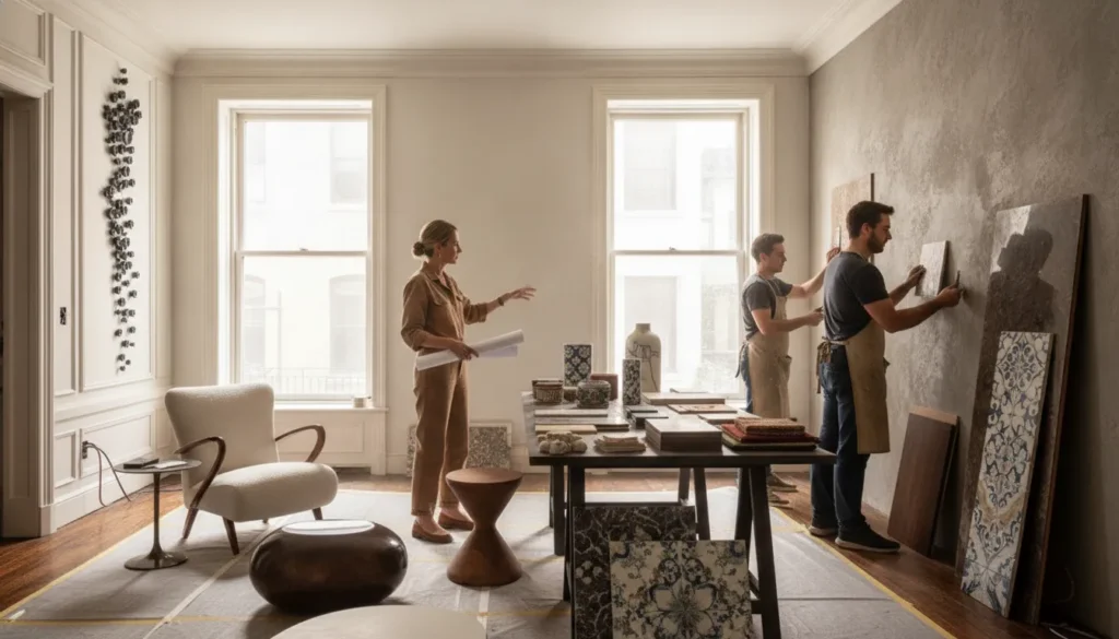 An interior designer guiding an art collector through a sunlit luxury townhouse renovation in New York