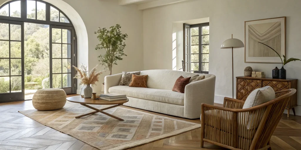 Eclectic interior design living room balancing mixed patterns, rich textures, and a neutral foundation.