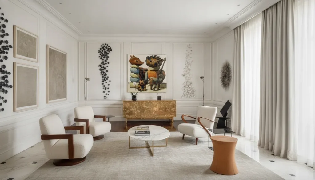 Curated fine art collection displayed in a sophisticated neutral living room