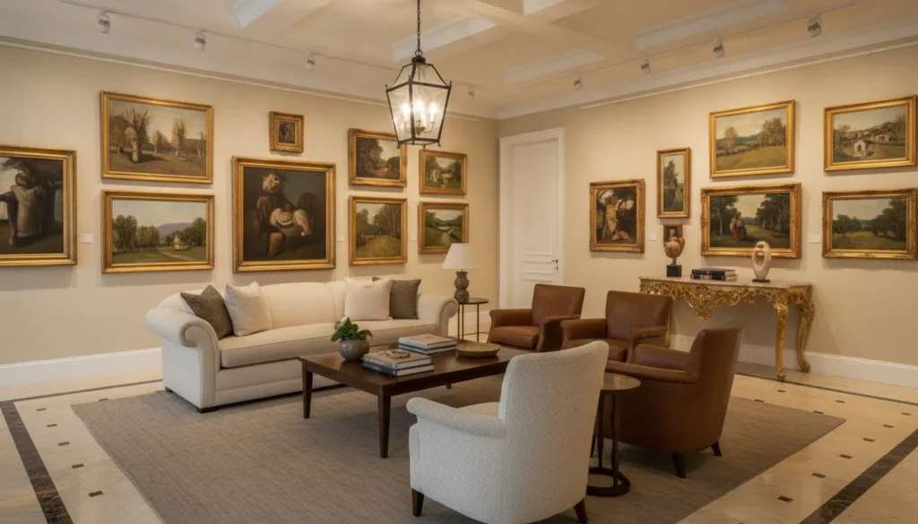Curated fine art collection displayed on a neutral gallery wall in a sophisticated luxury living room with soft lighting