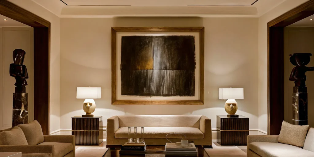 Gallery-like living room with abstract painting on the wall above a bespoke sofa in a New York townhouse