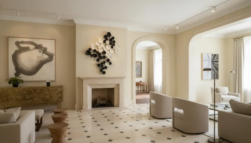 Sunlit New York residence interior designed around a fine art collection with a sculptural artwork as the focal point