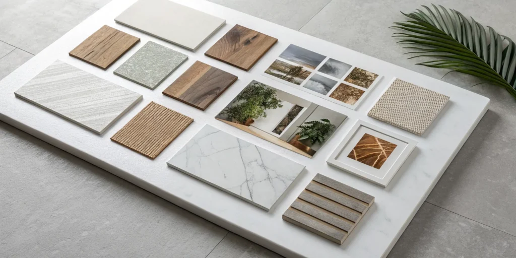 A cohesive interior design mood board with color palettes, fabric swatches, and material samples.