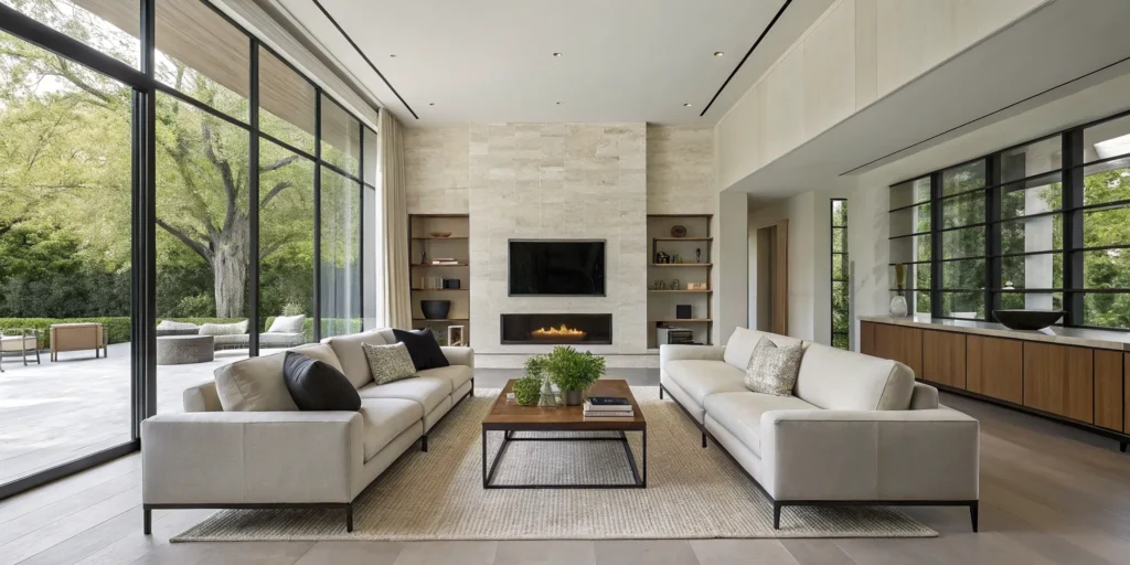 Modern living room interior design with neutral sofas and large windows for a bright, minimalist home.