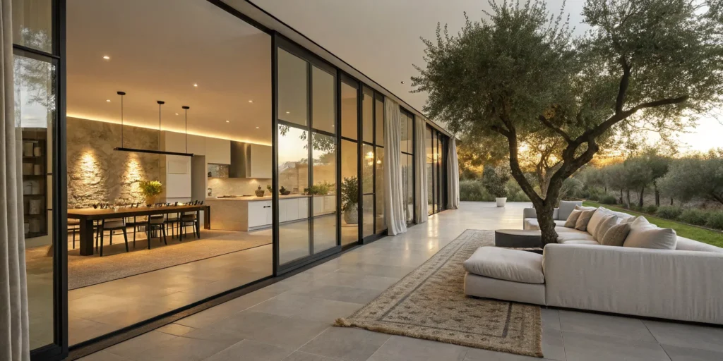 Living room with natural materials and warm earthy tones, a defining interior design trend for 2026.