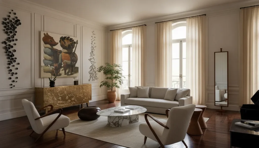 Luxurious timeless living room with curated artwork, bespoke furniture and warm neutral palette
