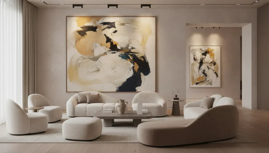 Art-centric living room designed around a large abstract painting