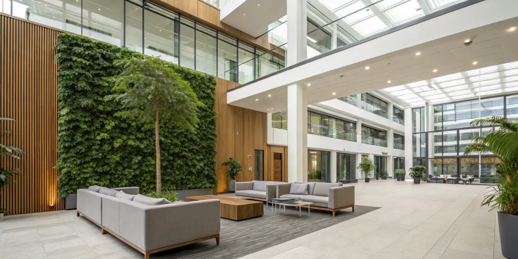 Biophilic interior design in a sunlit room with a living wall, plants, and natural wood accents.