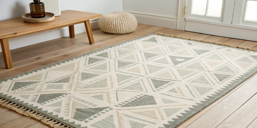 A high-quality modern rug with a geometric pattern styled on a hardwood floor.