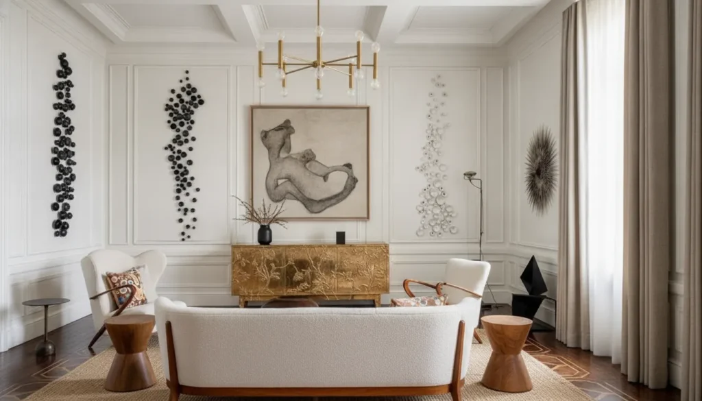 Art-oriented interior design in a refined private residence with curated paintings and sculpture