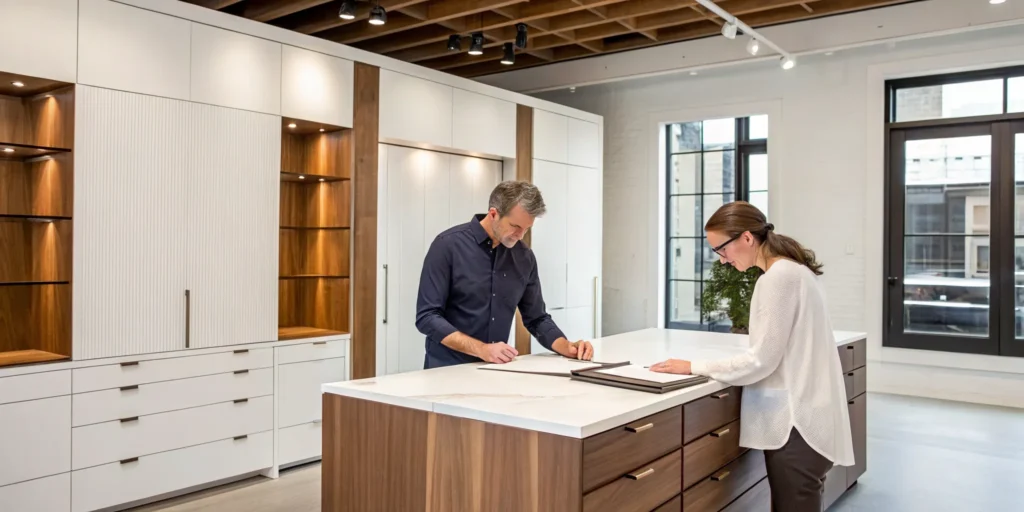 Homeowners choosing a custom cabinet maker near them by reviewing designs in a modern showroom.