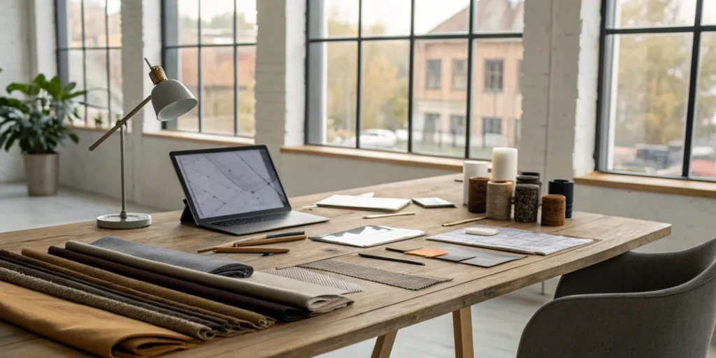 A local custom furniture maker's workspace with fabric samples and design tools.
