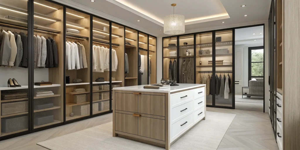 Modern custom closet design with organized shelves, drawers, and hanging space.