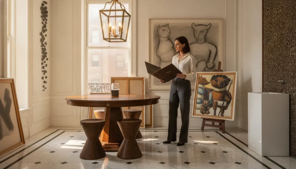 Art collector reviewing a collection inventory in a refined New York townhouse