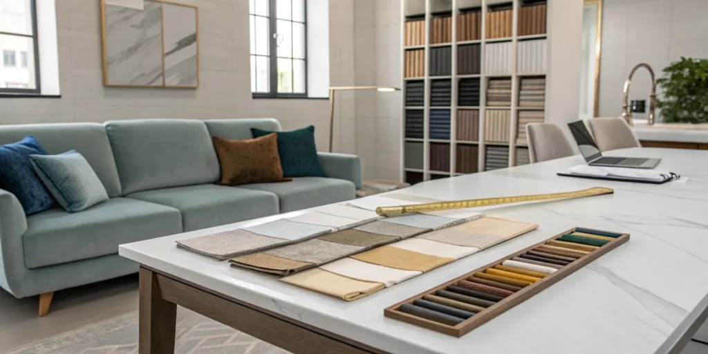 An interior decorator plans a room with fabric swatches and color samples on a table.