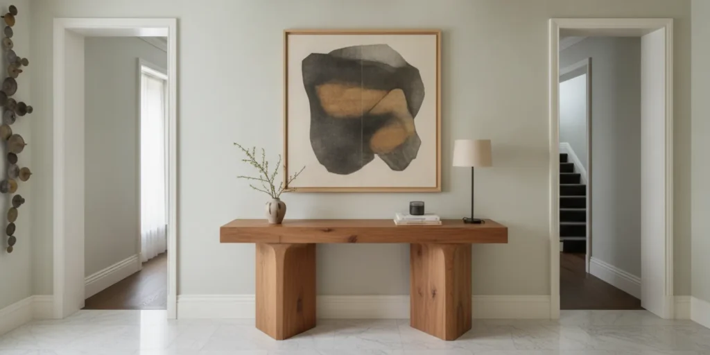 Sculptural bespoke console table in a refined New York residence beside a curated art collection