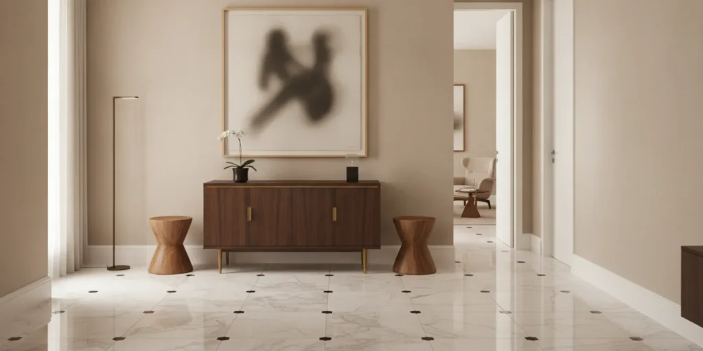 Contemporary artwork displayed against a softly textured, low-sheen wall in a refined home