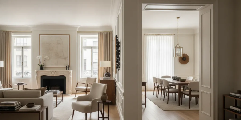 An open-plan residence with a clear passage, sculptural artwork, and a quiet place to pause