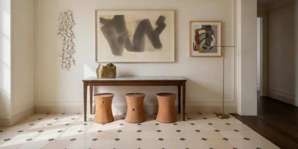 A quietly elegant residence with a changing art collection displayed along a carefully lit wall