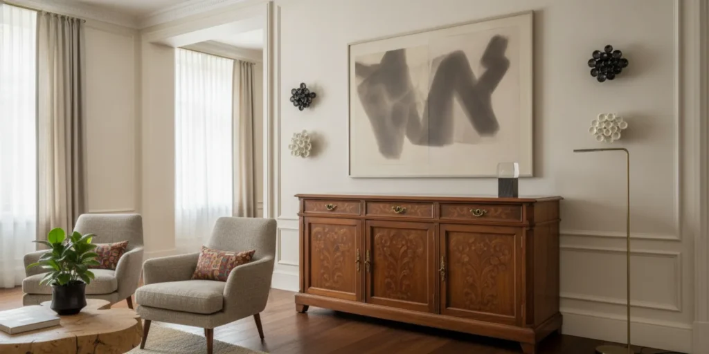 A restored heirloom cabinet displayed in a serene contemporary living room beside curated artwork