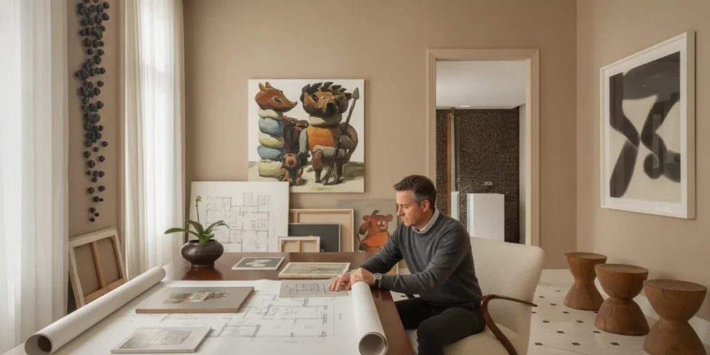 Art collector reviewing paintings and room plans in a refined residential interior
