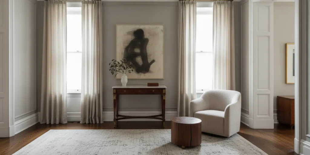 A curated painting displayed in a historic townhouse room with original millwork