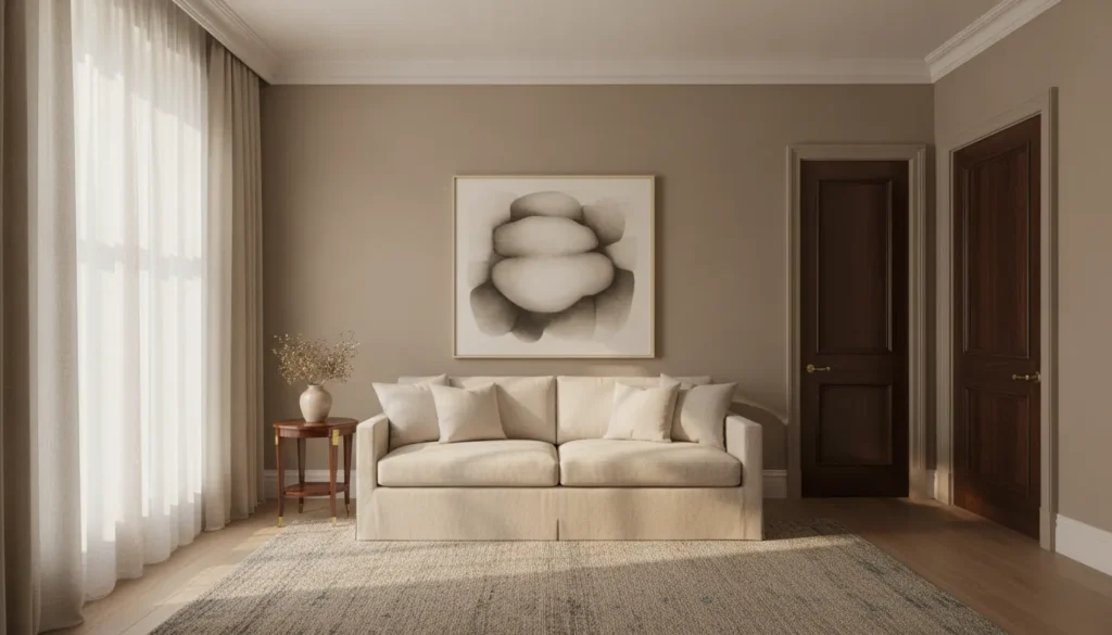 A quiet living room in a private residence, with a single artwork, low seating, and layered curtains