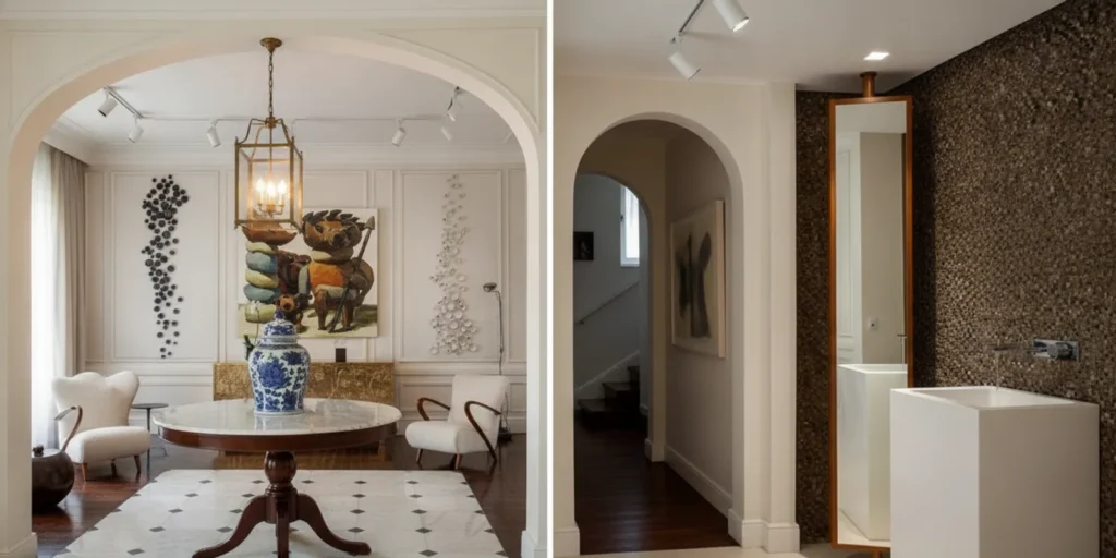 A private residence with layered lighting illuminating paintings, framed works on paper, and a sculptural object.