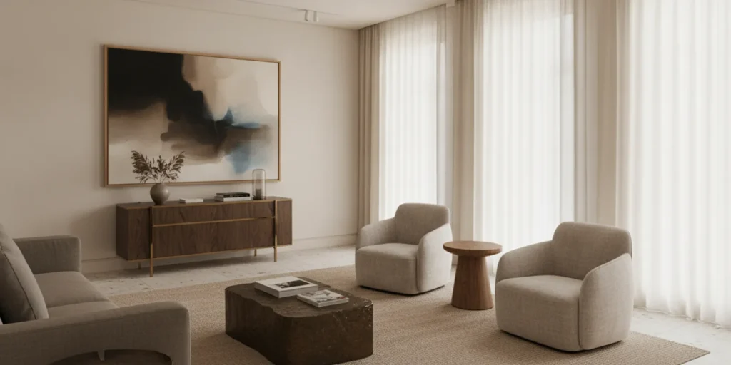 Contemporary artwork displayed in a calm living room with filtered natural light