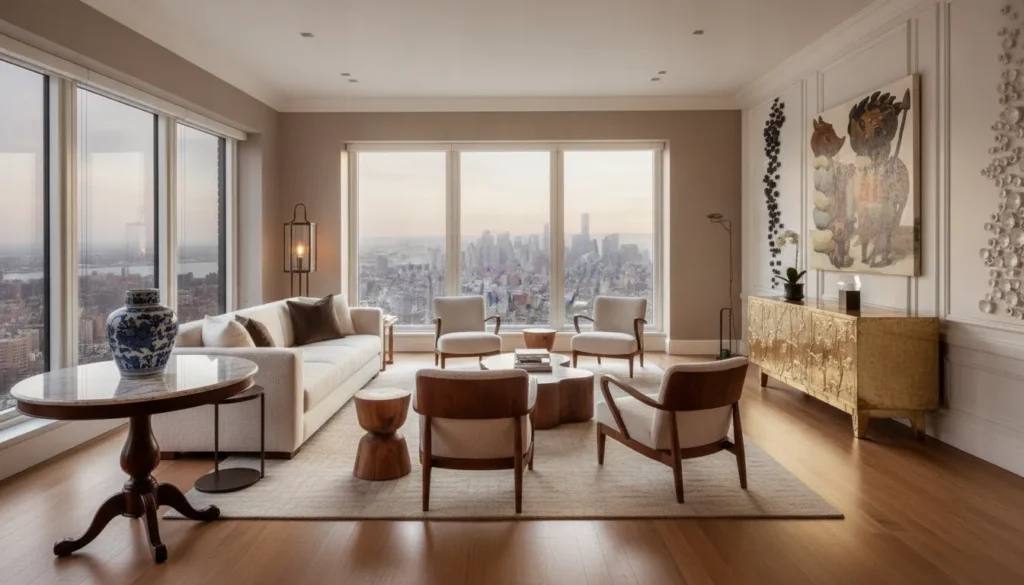 Refined New York penthouse interior with art, bespoke furnishings, and skyline views