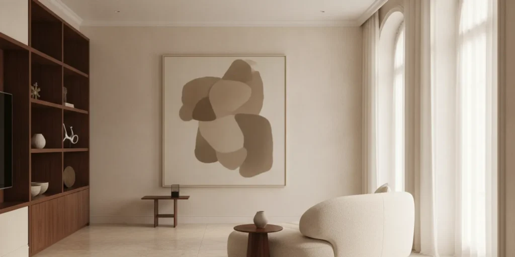 Large contemporary artwork considered in relation to furniture and the proportions of a refined living room